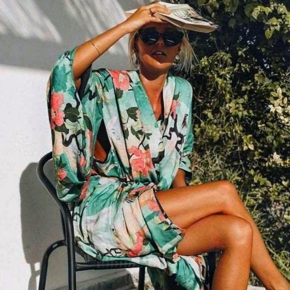 Other - Bohemian Gypsy Floral Bird Pattern Oversized Resort Beach Maxi Long Kimono